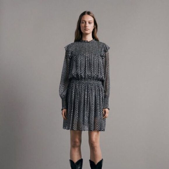 Rag & Bone Fawn Black White Printed Silk Long Sleeve Mini Dress XXS NWT - Picture 1 of 8